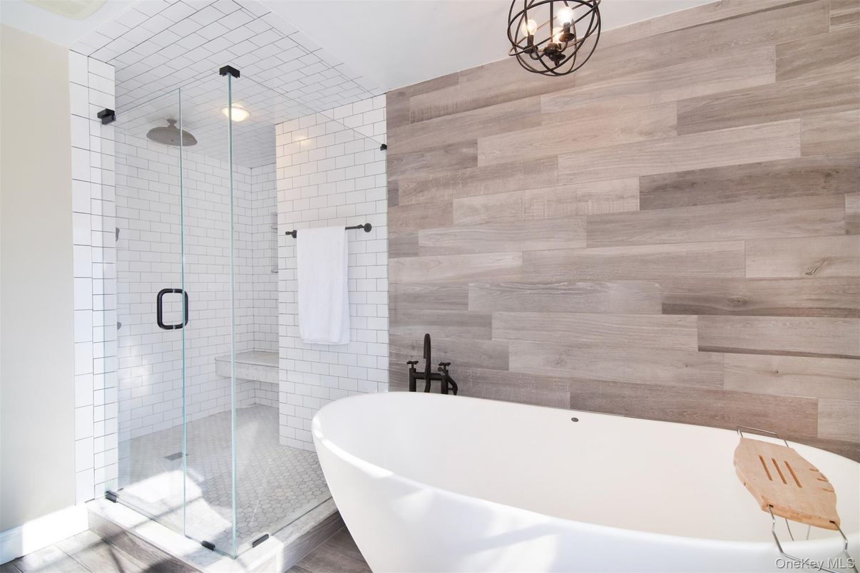 Bathroom, Free Standing Baths, Glass Shower, Interior, Wooden Walls