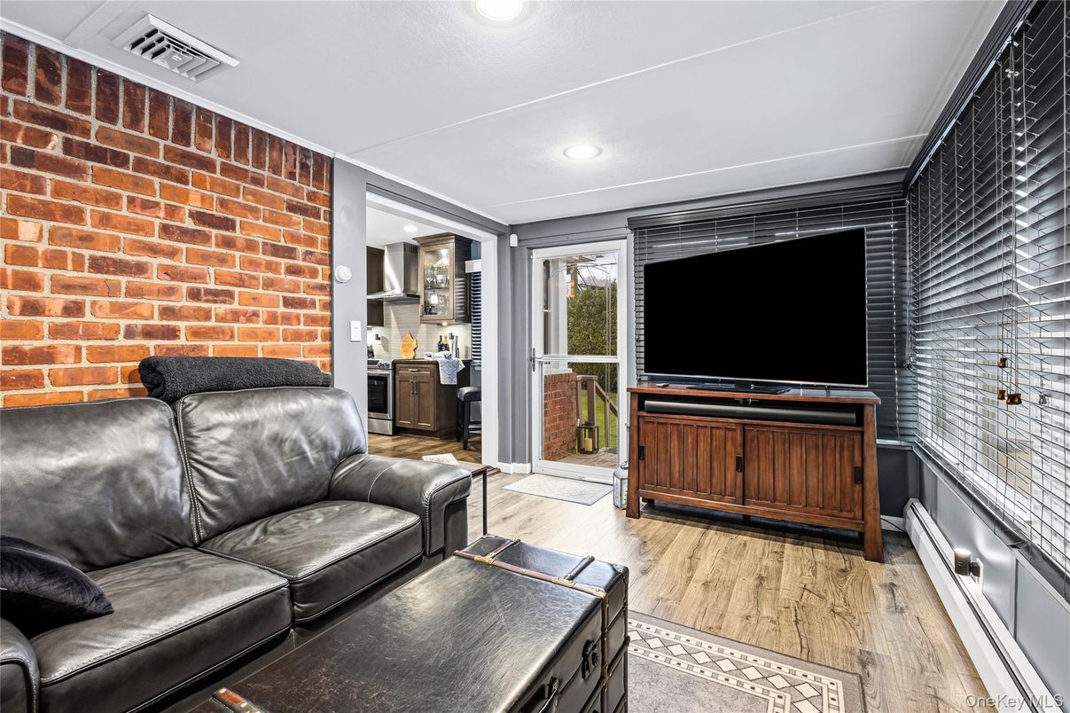 Interior, Kitchen, Living room, Recessed Lighting, Stone Walls, Wood Texture Flooring