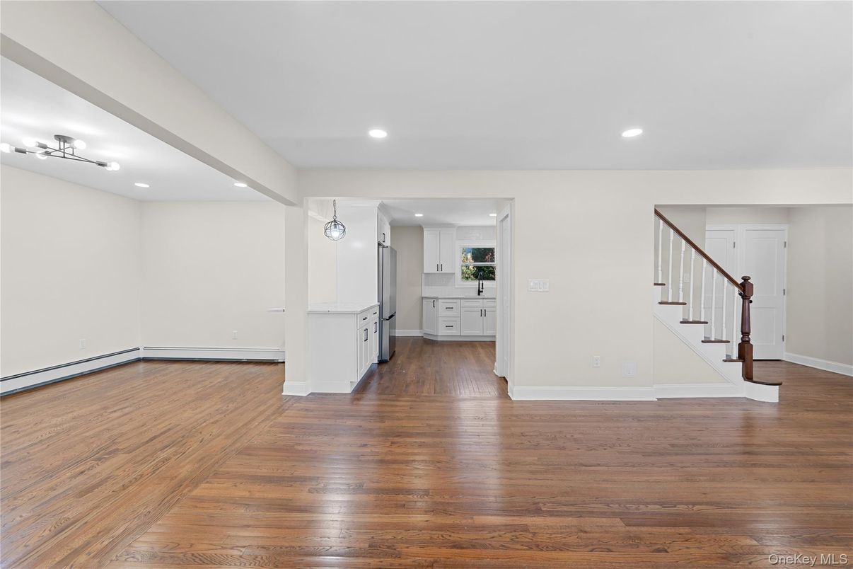 Empty room, Interior, Kitchen, Recessed Lighting, Wood Texture Flooring