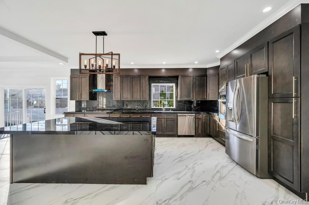 Interior, Kitchen, Marble, Pendant Lights, Recessed Lighting, Stainless Steel Appliances