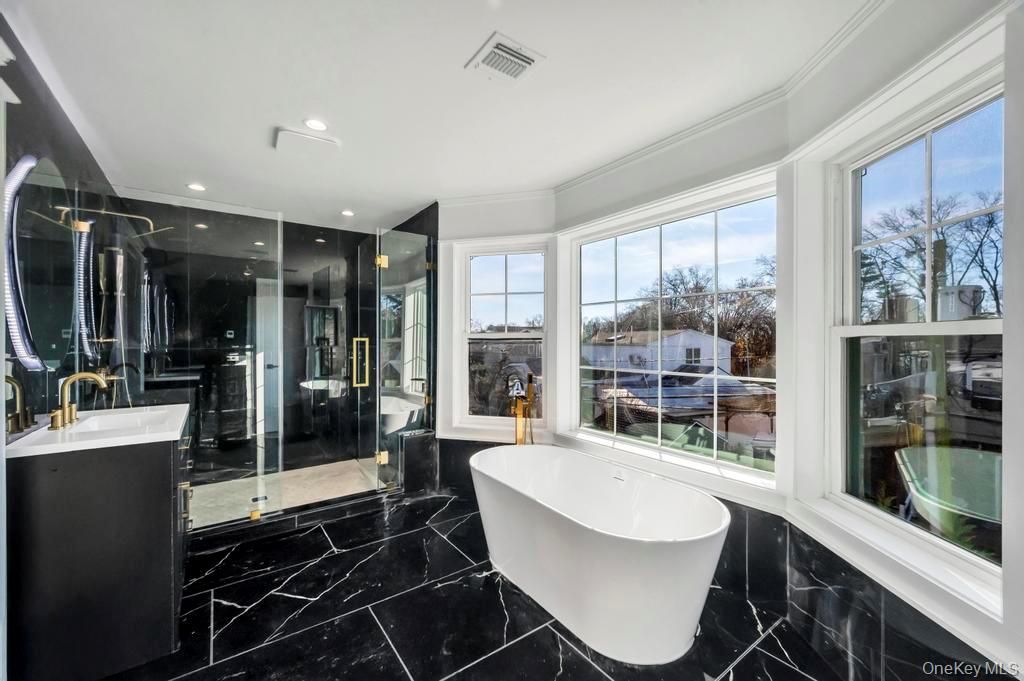 Bathroom, Free Standing Baths, Glass Shower, Interior, Marble, Recessed Lighting