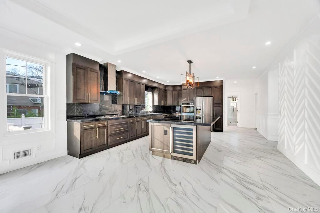 Interior, Kitchen, Marble, Pendant Lights, Recessed Lighting, Stainless Steel Appliances