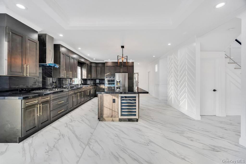 Interior, Kitchen, Marble, Pendant Lights, Recessed Lighting, Stainless Steel Appliances