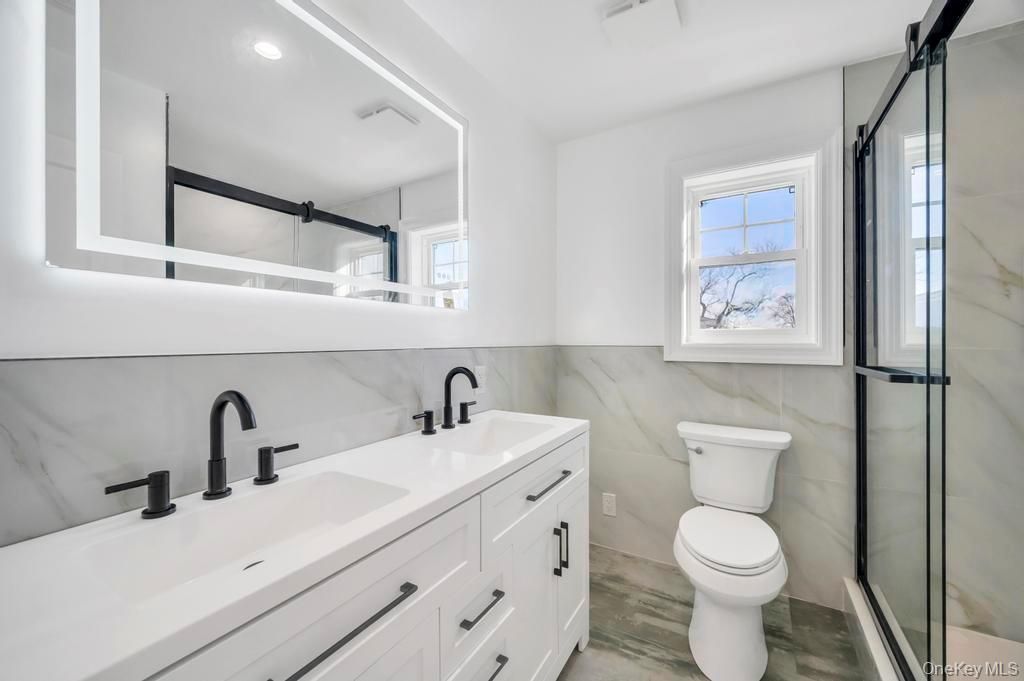 Bathroom, Glass Shower, Interior, Recessed Lighting, Wood Texture Flooring