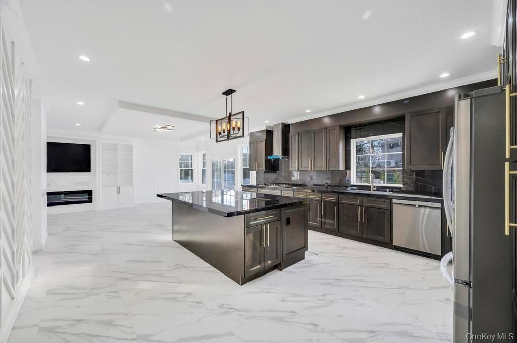 Interior, Kitchen, Marble, Pendant Lights, Recessed Lighting, Stainless Steel Appliances
