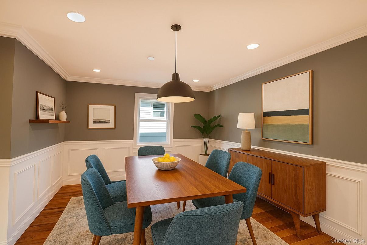 Dining room, Interior, Pendant Lights, Recessed Lighting, Wood Texture Flooring