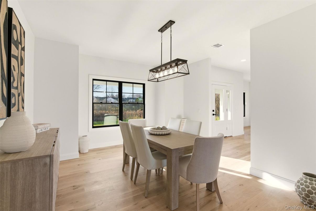 Dining room, Interior, Pendant Lights, Recessed Lighting, Wood Texture Flooring