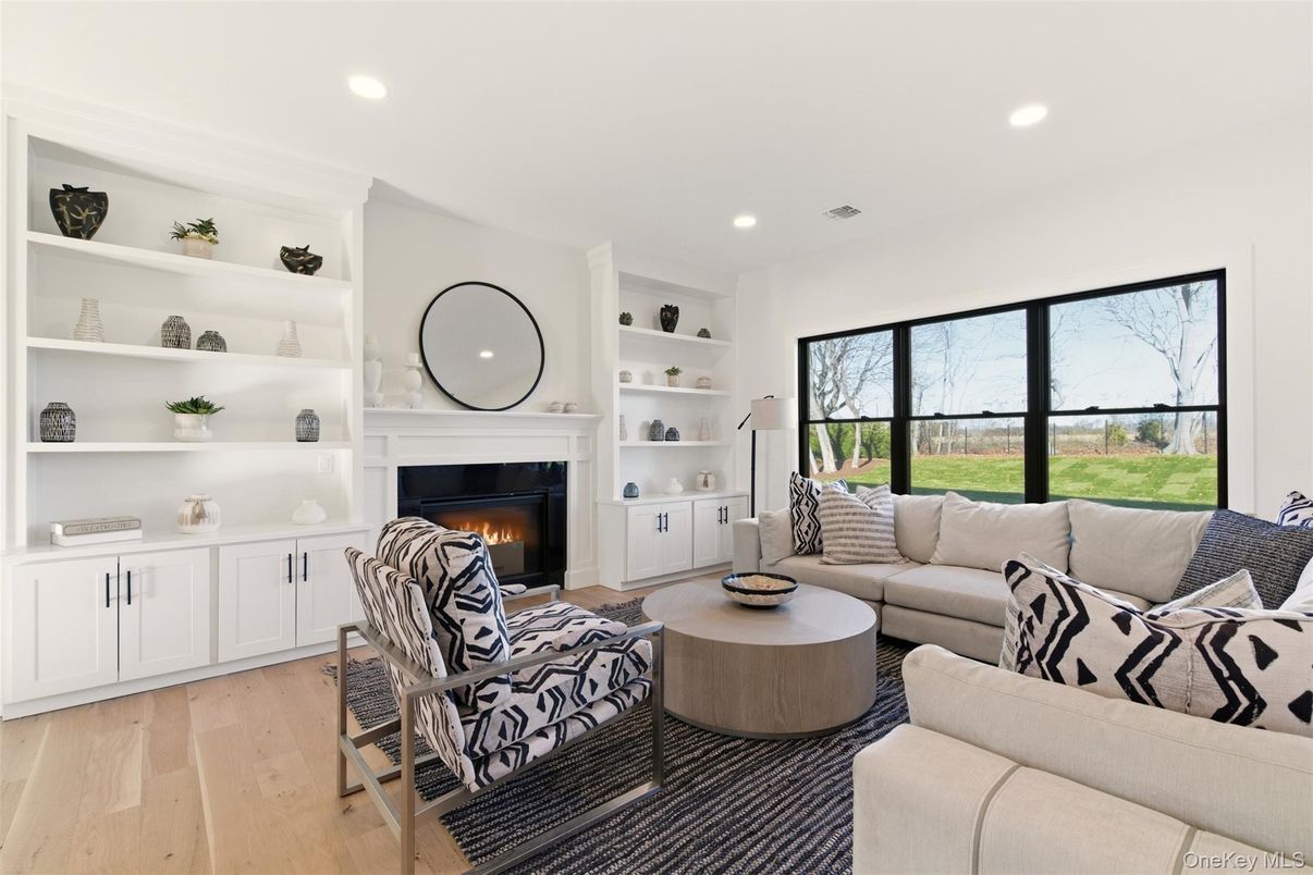 Fireplace, Interior, Living room, Recessed Lighting, Wood Texture Flooring