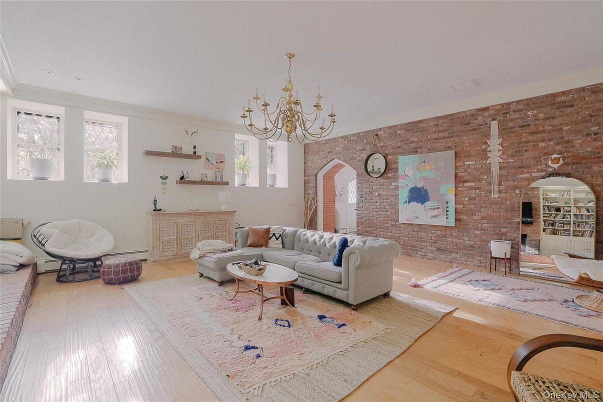 Chandelier, Interior, Living room, Stone Walls, Wood Texture Flooring