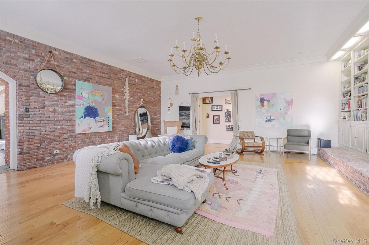 Chandelier, Interior, Living room, Stone Walls, Wood Texture Flooring