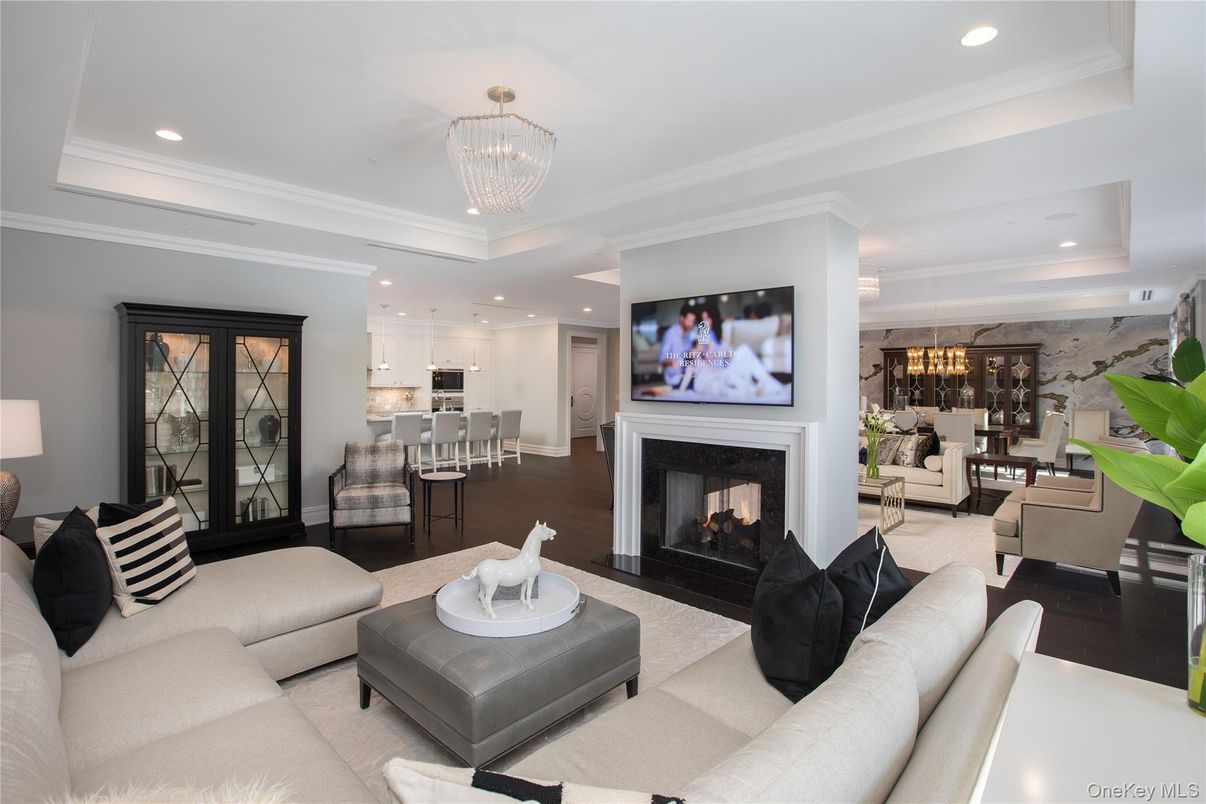 Chandelier, Dining room, Fireplace, Interior, Kitchen, Living room, Pendant Lights, Recessed Lighting