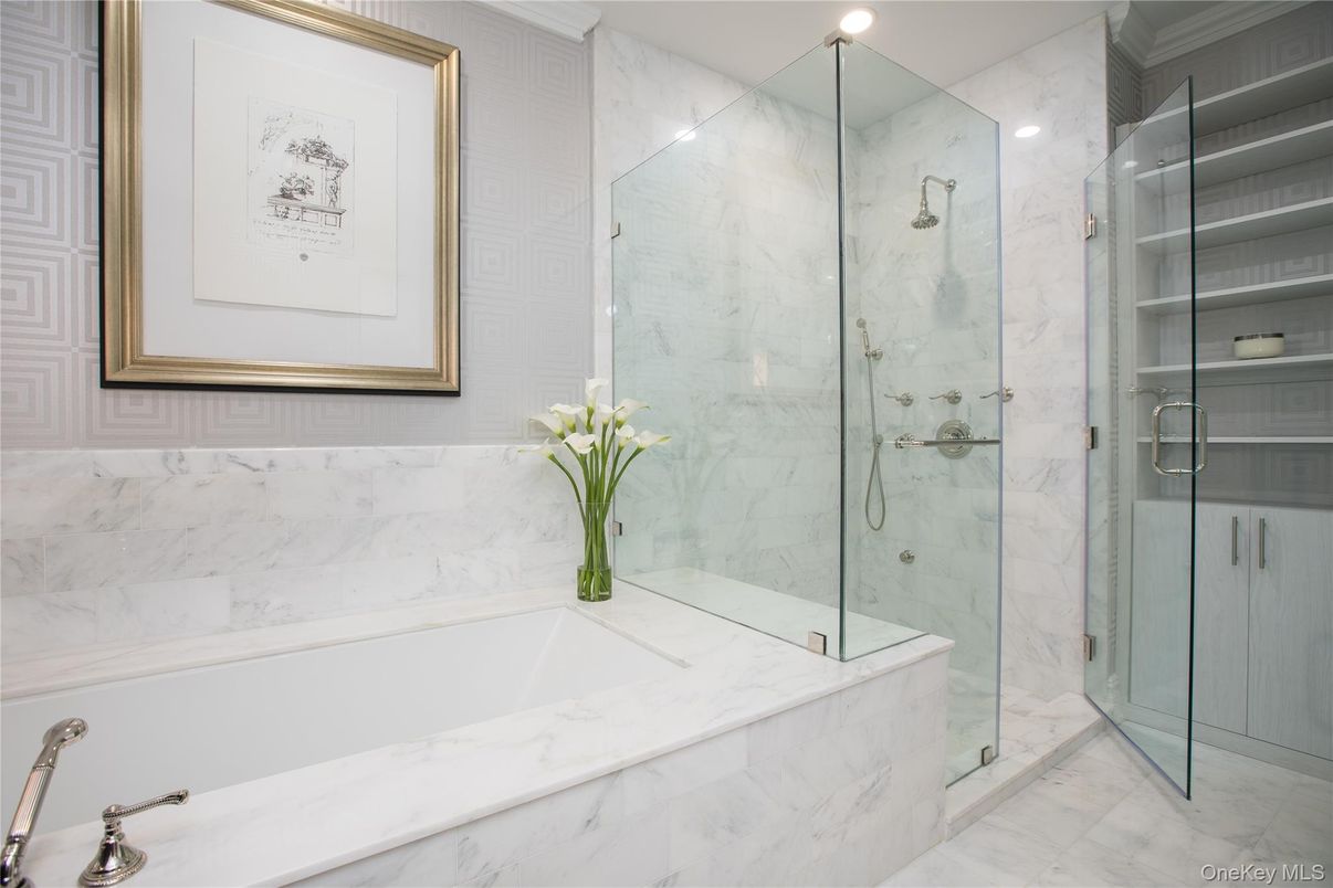 Bathroom, Glass Shower, Interior, Marble, Marble Walls, Recessed Lighting
