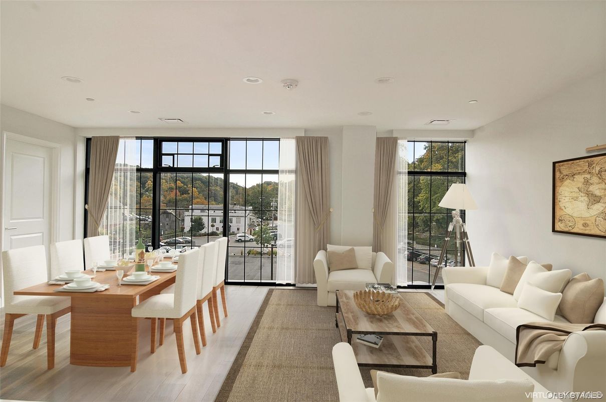 Dining room, Interior, Living room, Recessed Lighting, Wood Texture Flooring