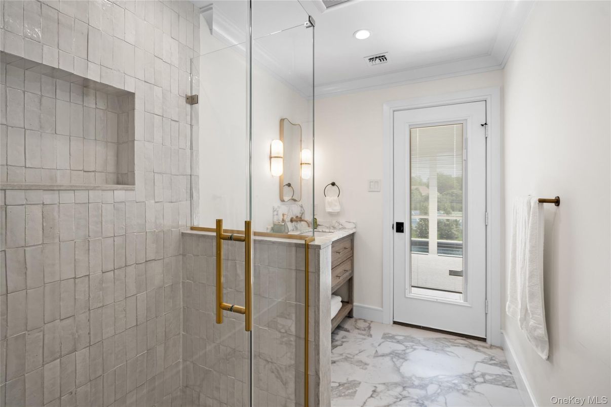 Bathroom, Glass Shower, Interior, Marble, Recessed Lighting