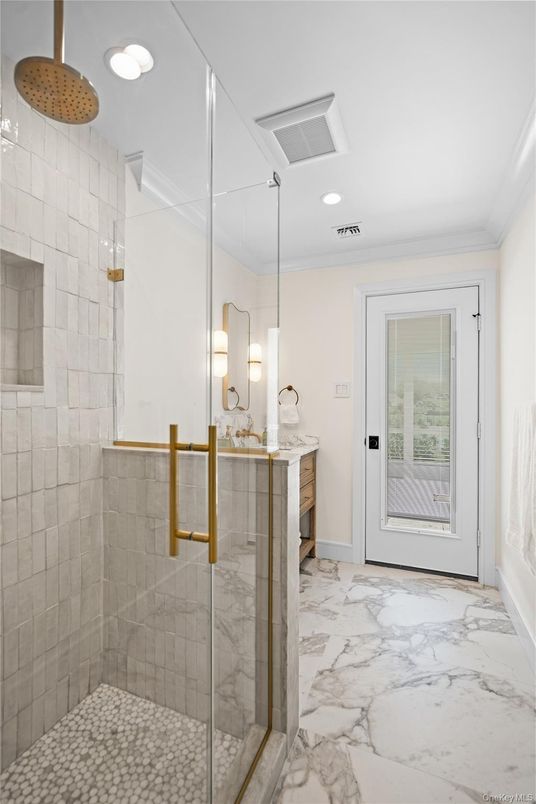 Bathroom, Glass Shower, Interior, Marble, Recessed Lighting