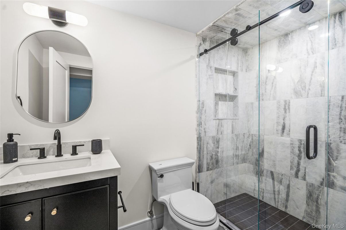 Bathroom, Glass Shower, Interior, Marble Walls, Recessed Lighting