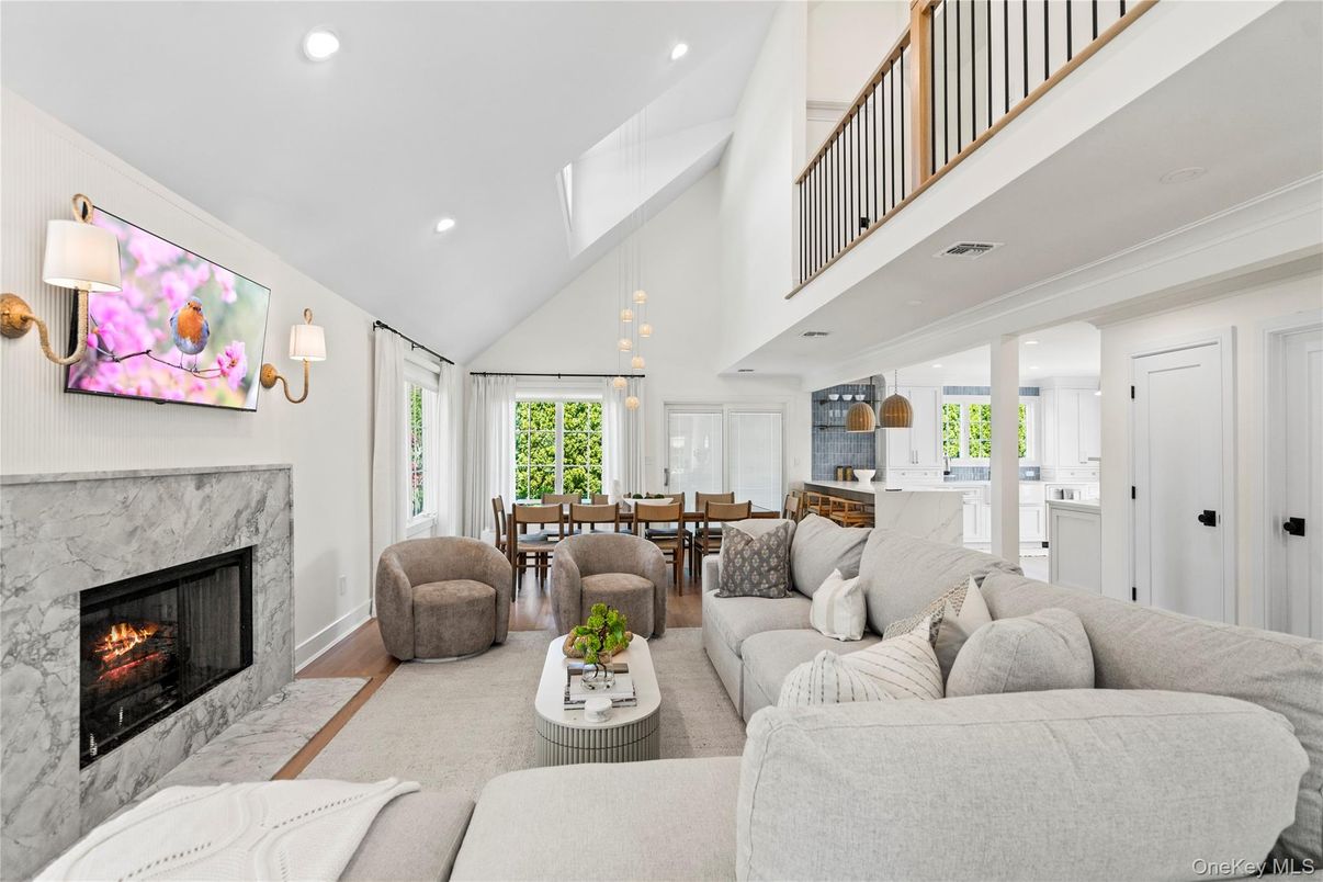 Dining room, Fireplace, Interior, Kitchen, Living room, Pendant Lights, Recessed Lighting, Wood Texture Flooring
