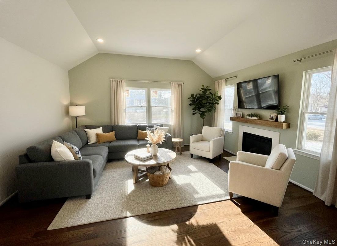 Fireplace, Interior, Living room, Recessed Lighting, Wood Texture Flooring