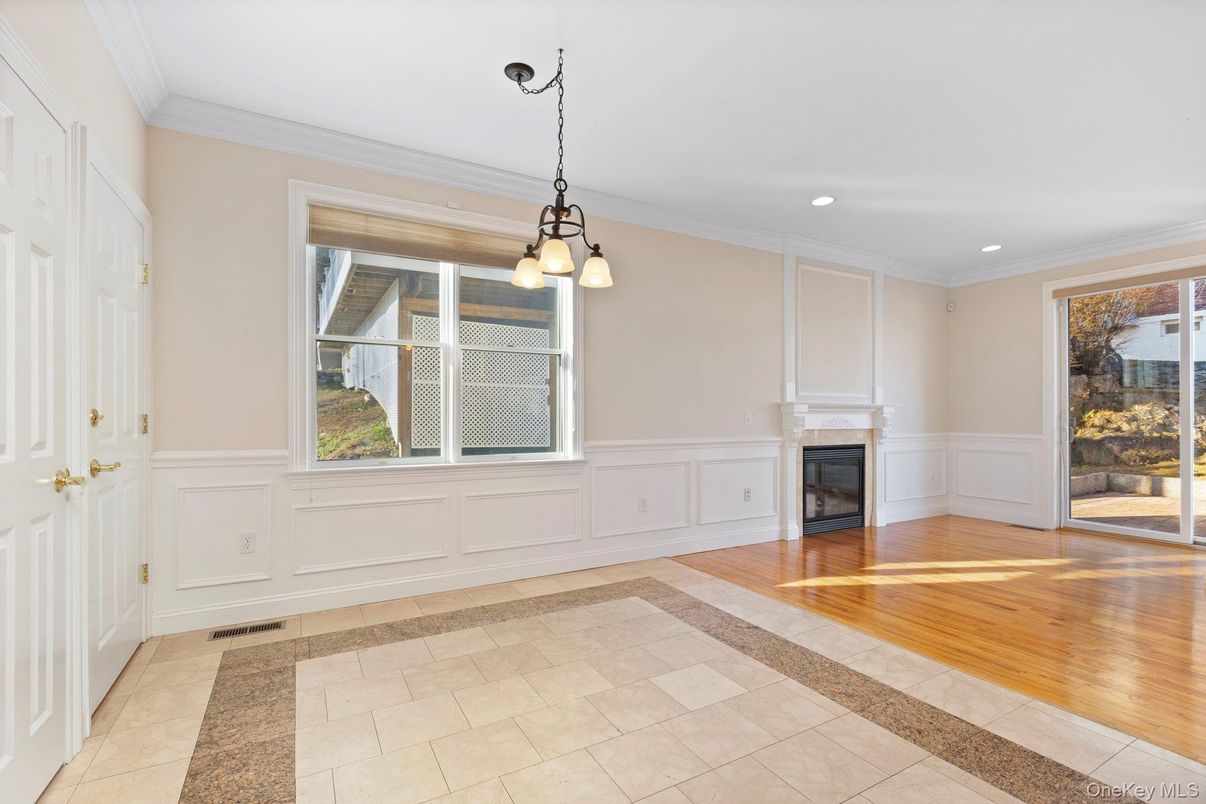 Empty room, Fireplace, Interior, Pendant Lights, Recessed Lighting, Wood Texture Flooring