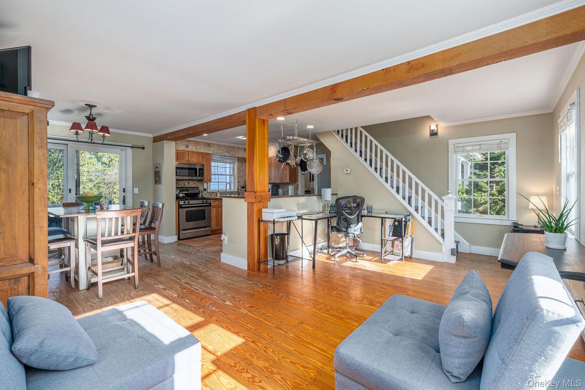 Dining room, Interior, Kitchen, Recessed Lighting, Stainless Steel Appliances, Wooden Beams, Wood Texture Flooring