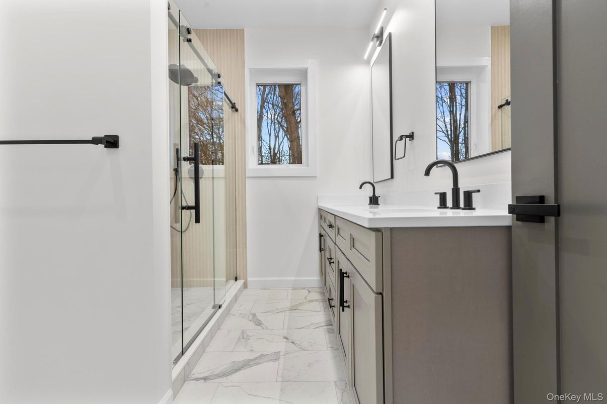 Bathroom, Dual Sink Vanities, Glass Shower, Interior, Marble