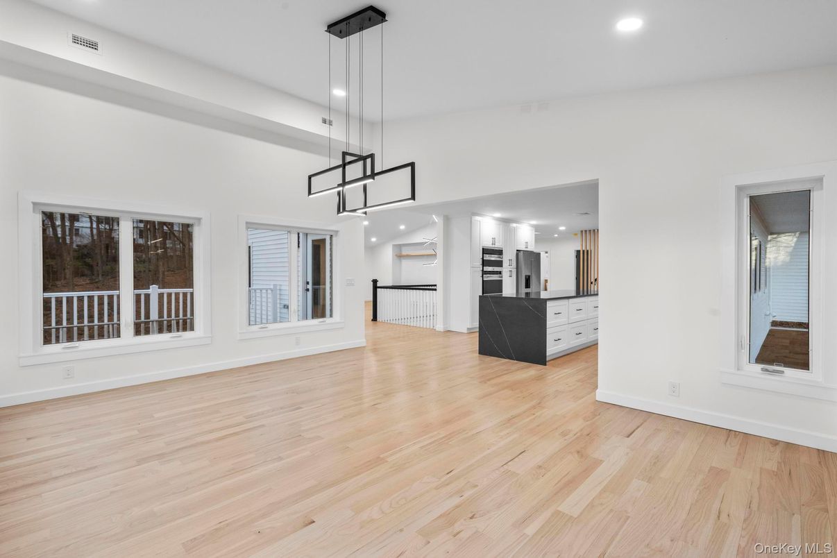 Empty room, Interior, Kitchen, Pendant Lights, Recessed Lighting, Wood Texture Flooring