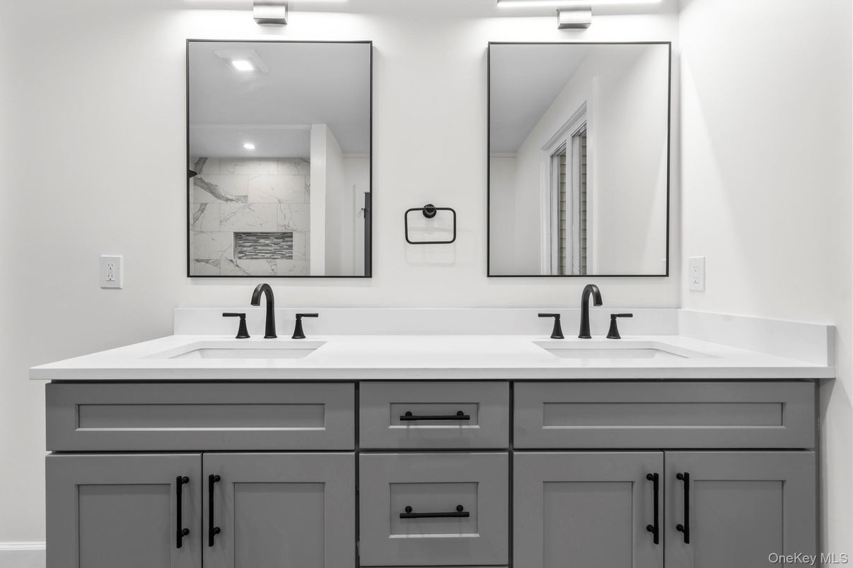 Bathroom, Dual Sink Vanities, Interior, Marble Walls, Recessed Lighting