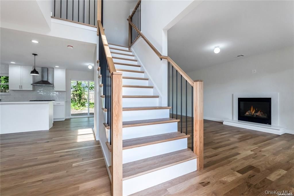 Fireplace, Interior, Kitchen, Pendant Lights, Recessed Lighting, Wood Texture Flooring