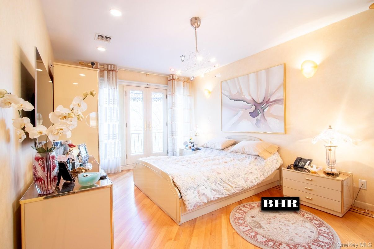 Bedroom, Chandelier, Interior, Recessed Lighting, Wood Texture Flooring