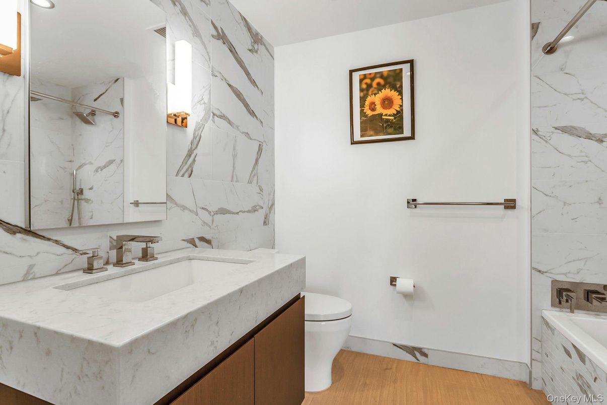 Bathroom, Interior, Marble Walls, Wood Texture Flooring