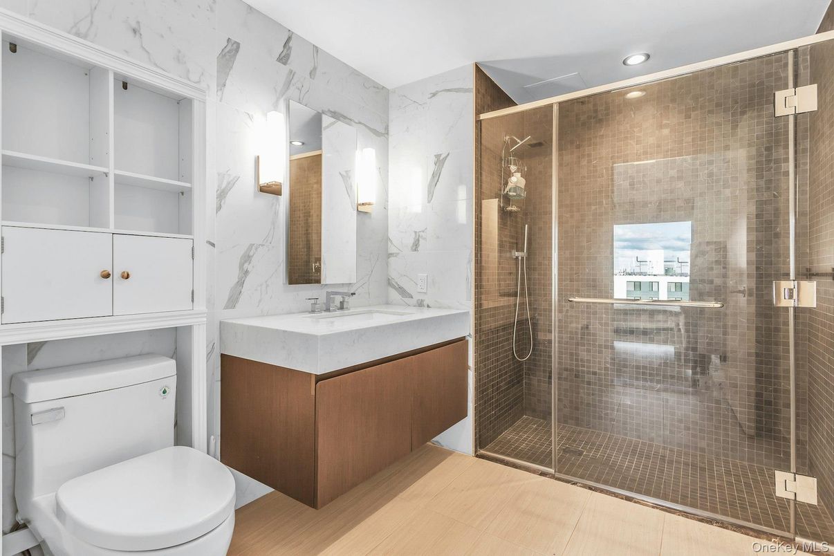 Bathroom, Glass Shower, Interior, Marble Walls, Recessed Lighting, Wood Texture Flooring