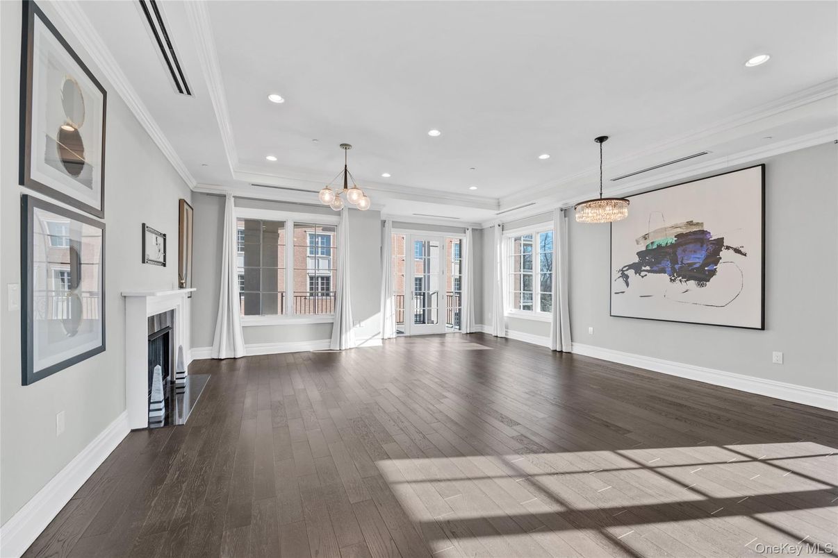 Empty room, Fireplace, Interior, Pendant Lights, Recessed Lighting, Wood Texture Flooring