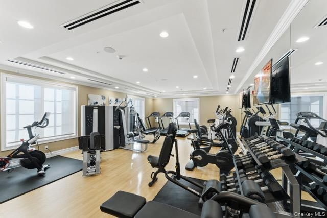 Fitness Equipment, Gym, Interior, Recessed Lighting, Wood Texture Flooring