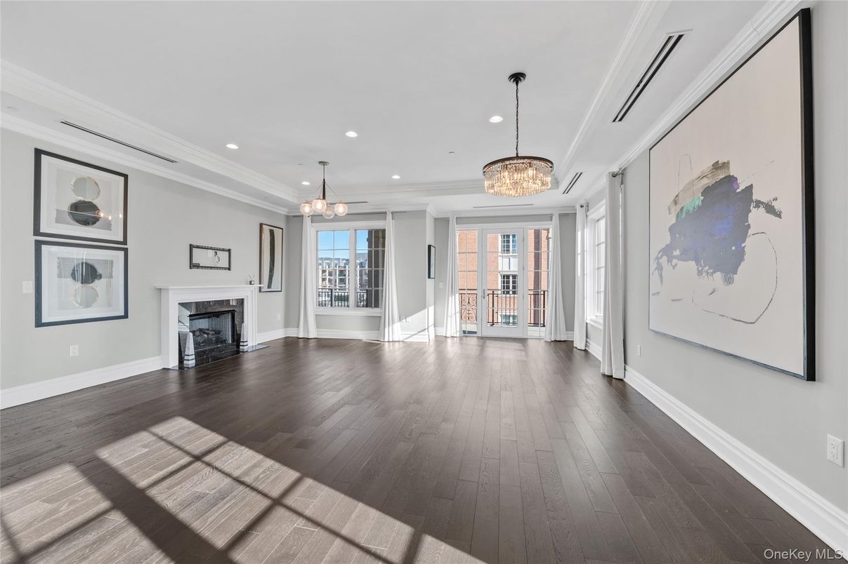 Chandelier, Empty room, Fireplace, Interior, Pendant Lights, Recessed Lighting, Wood Texture Flooring