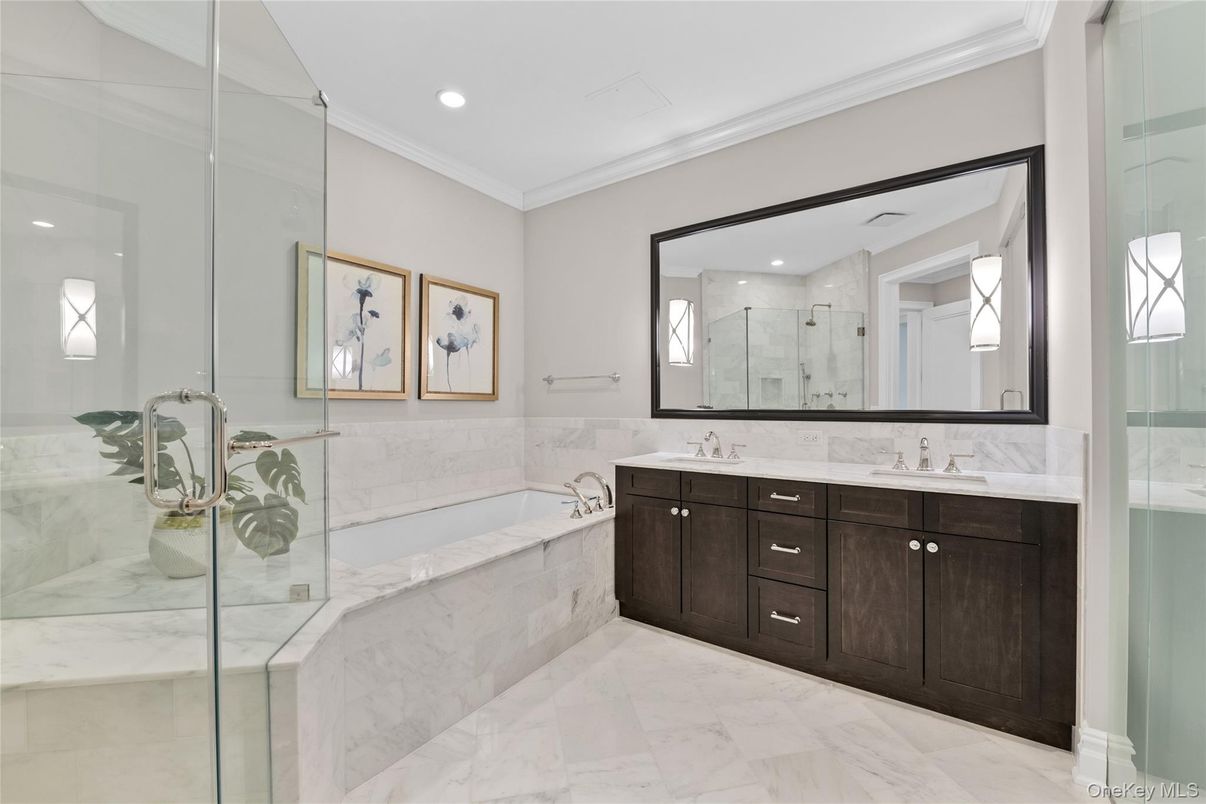 Bathroom, Dual Sink Vanities, Glass Shower, Interior, Marble, Recessed Lighting