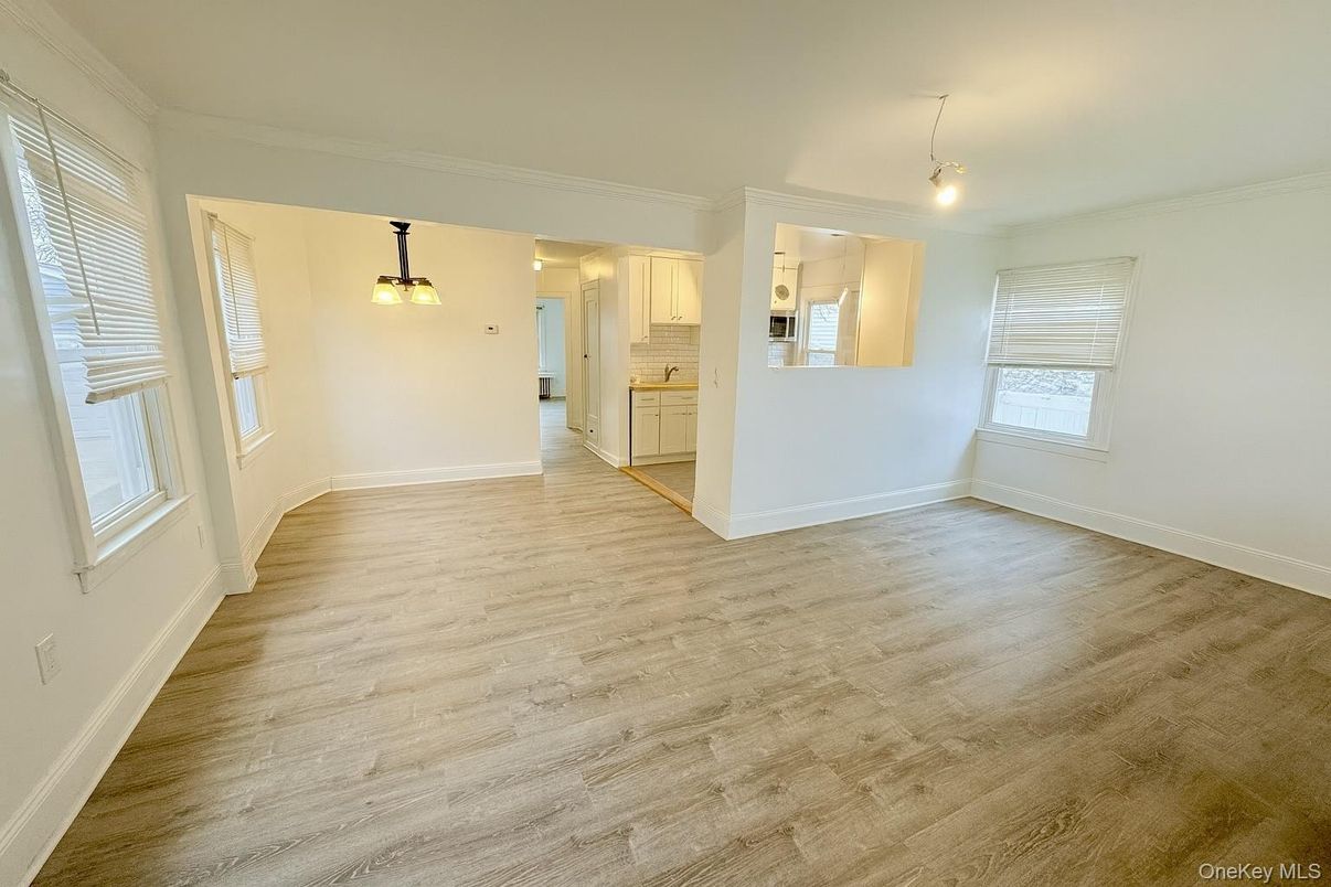 Empty room, Interior, Kitchen, Pendant Lights, Wood Texture Flooring