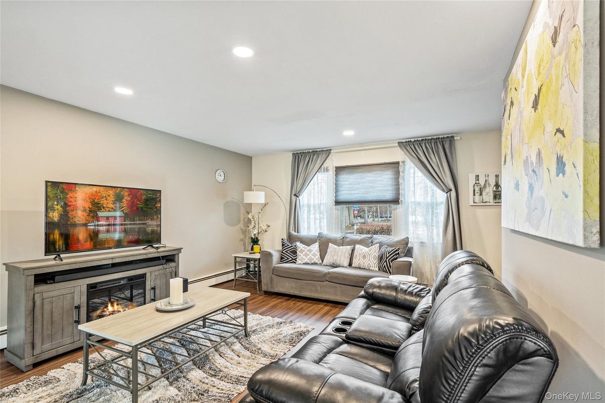 Fireplace, Interior, Living room, Recessed Lighting, Wood Texture Flooring