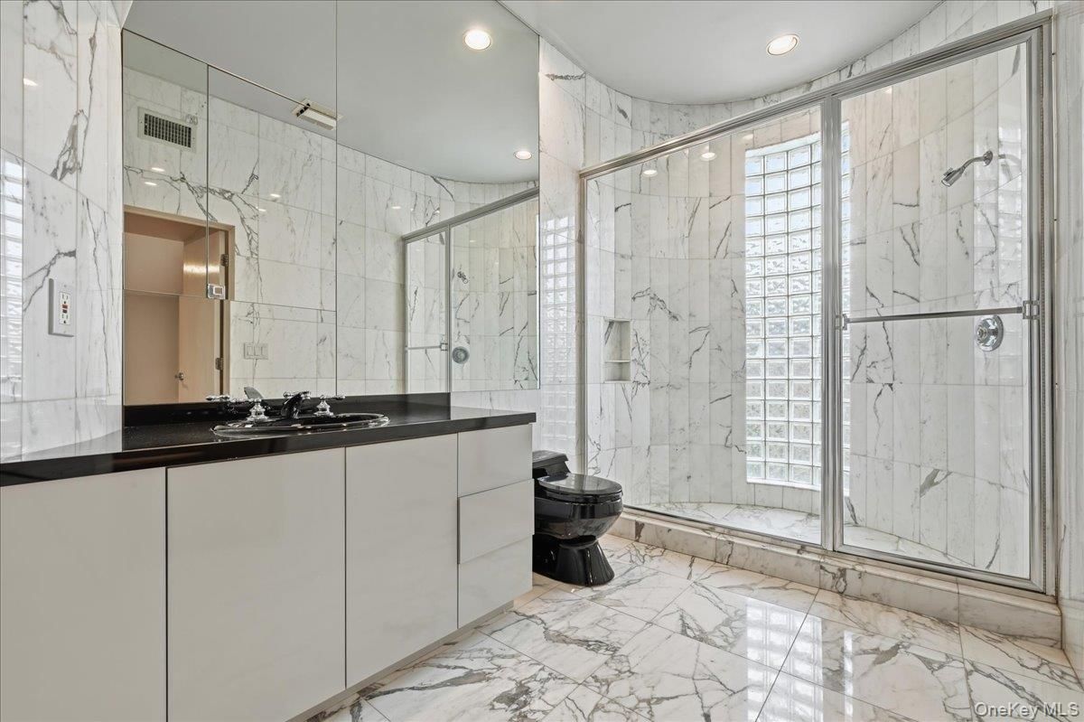 Bathroom, Glass Shower, Interior, Marble, Marble Walls, Recessed Lighting