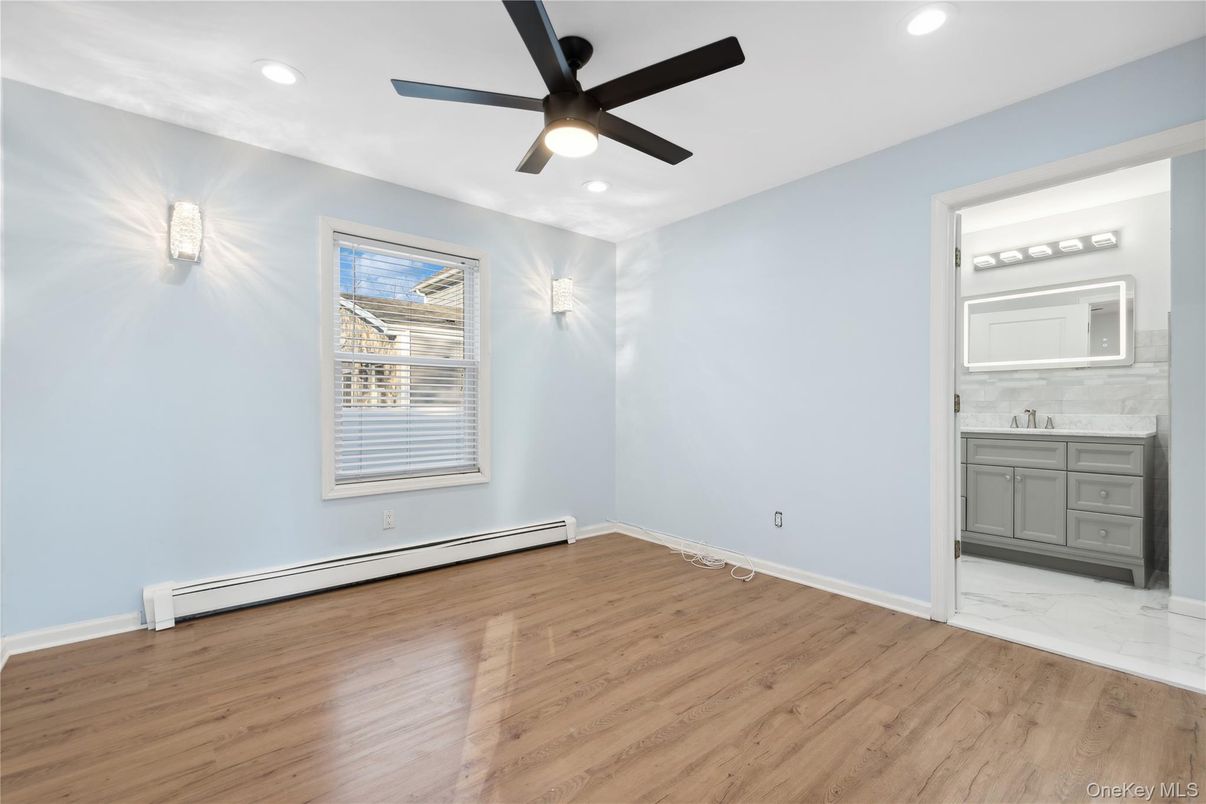 Bathroom, Empty room, Interior, Marble, Recessed Lighting, Wood Texture Flooring