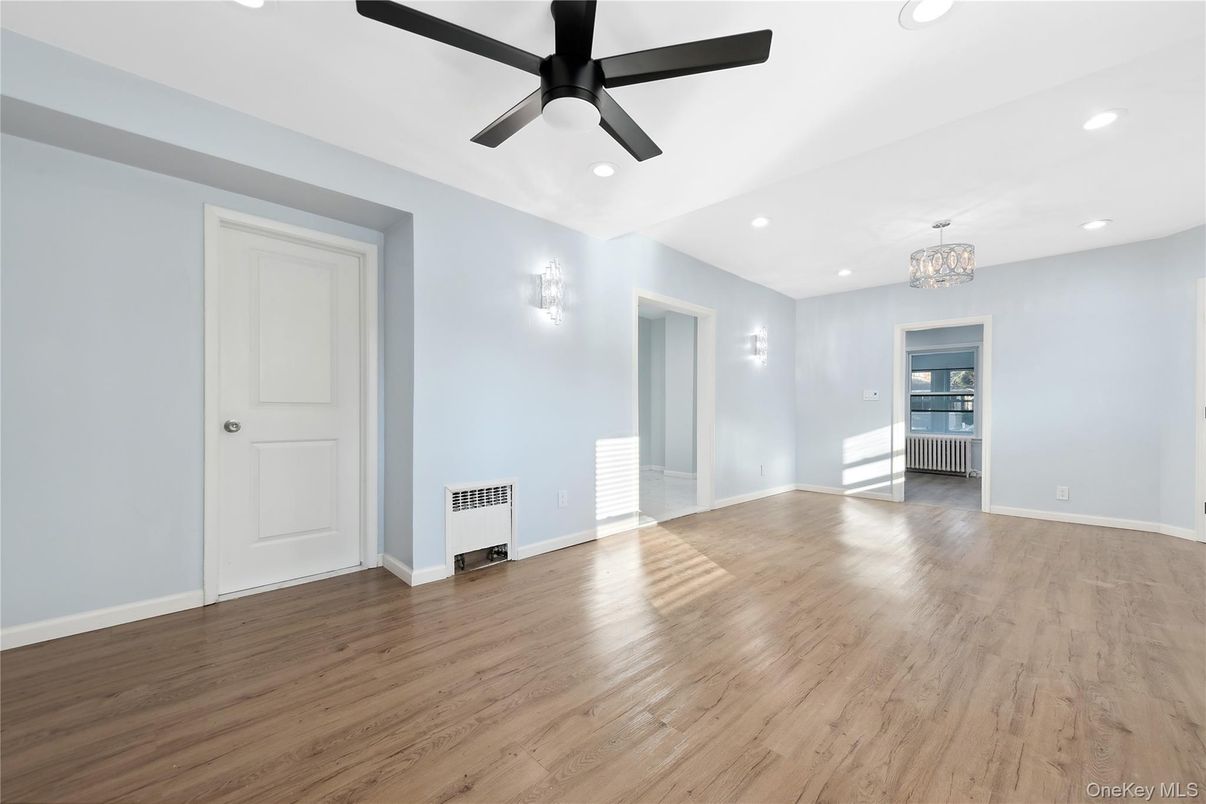 Chandelier, Empty room, Interior, Recessed Lighting, Wood Texture Flooring