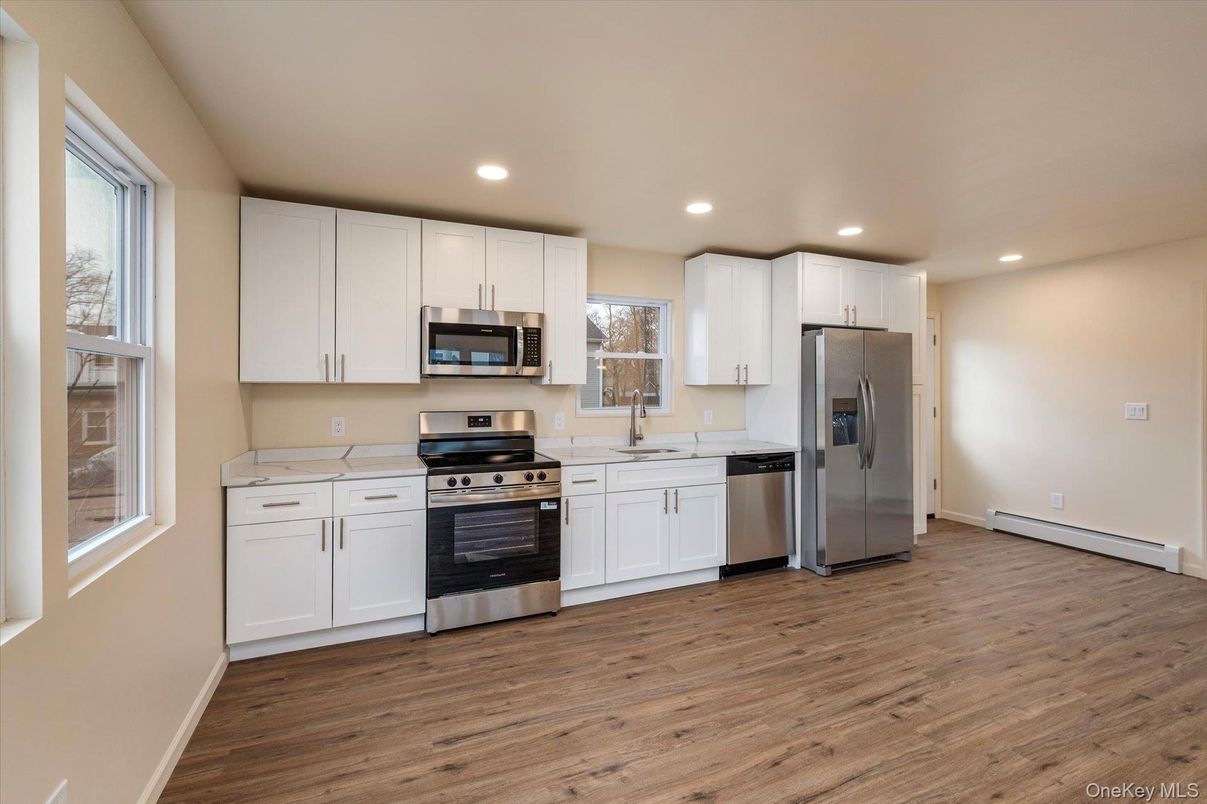 Interior, Kitchen, Recessed Lighting, Stainless Steel Appliances, Wood Texture Flooring