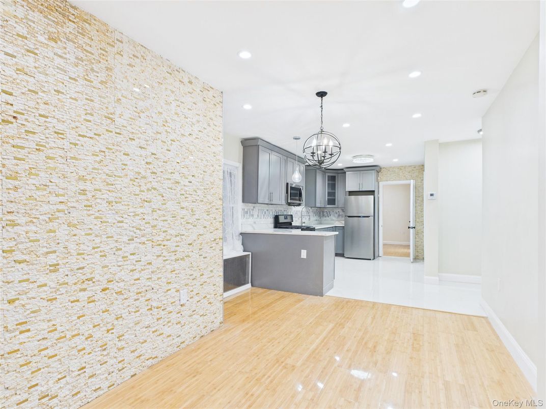 Chandelier, Interior, Kitchen, Recessed Lighting, Stainless Steel Appliances, Wood Texture Flooring