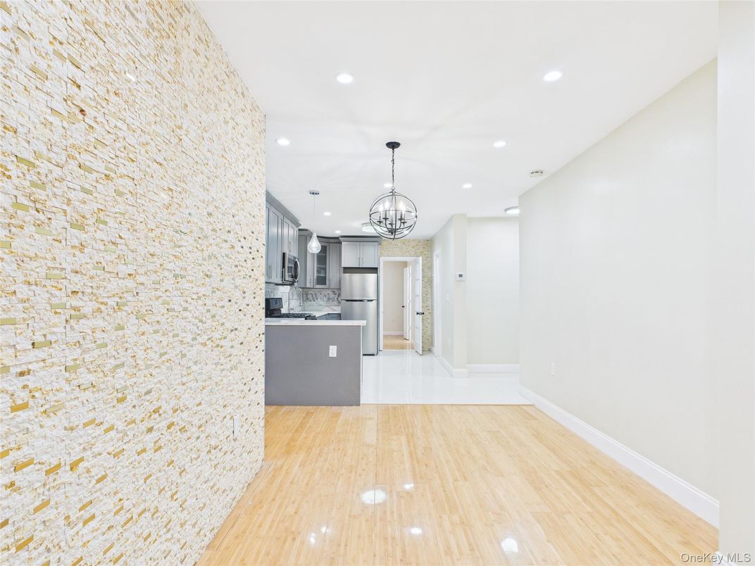 Chandelier, Interior, Kitchen, Recessed Lighting, Stainless Steel Appliances, Wood Texture Flooring