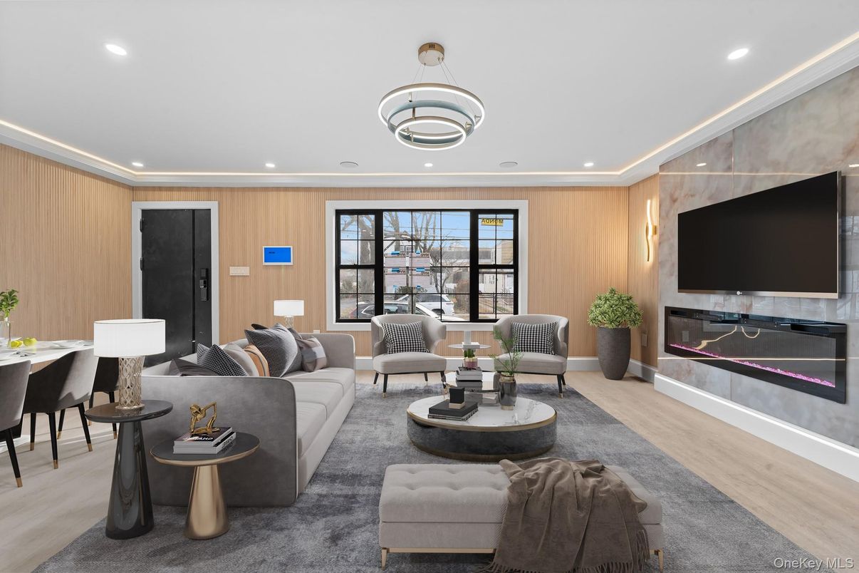 Fireplace, Interior, Living room, Pendant Lights, Recessed Lighting, Wood Texture Flooring, Wooden Walls