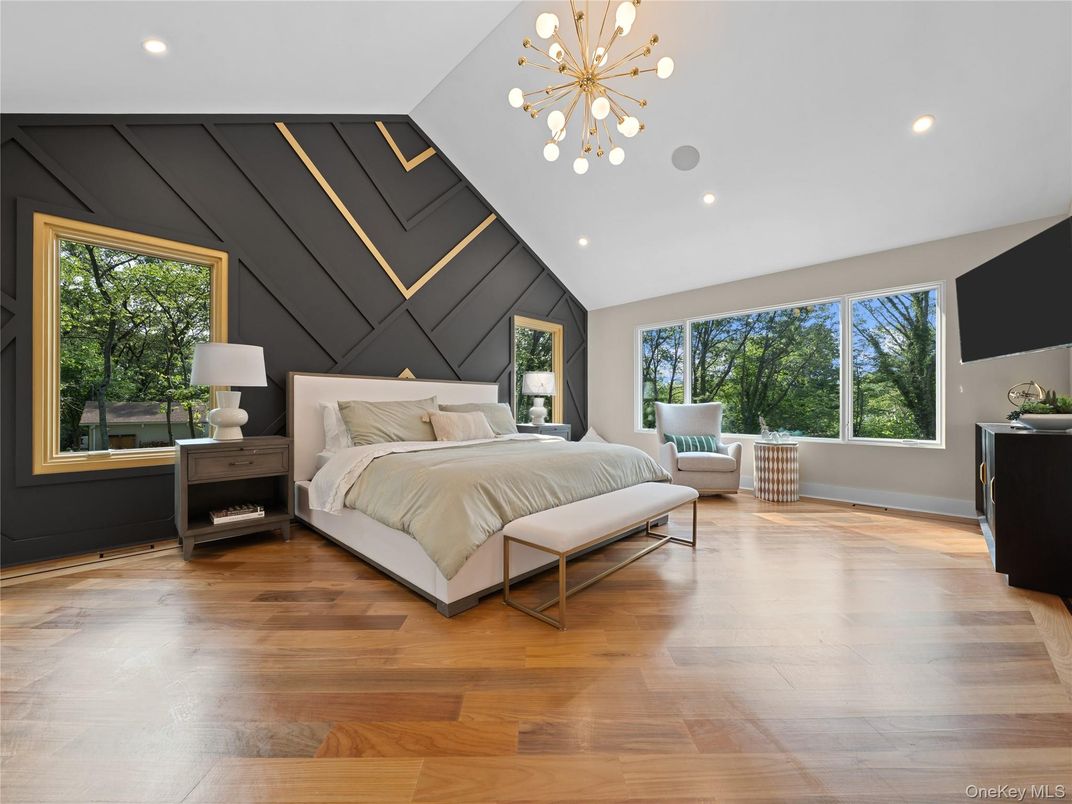 Bedroom, Interior, Pendant Lights, Recessed Lighting, Wood Texture Flooring