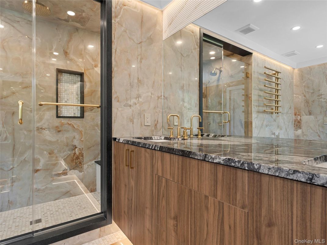 Bathroom, Glass Shower, Interior, Marble Walls, Recessed Lighting