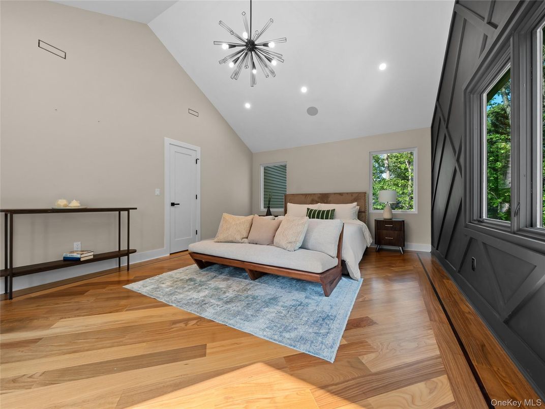 Bedroom, Interior, Pendant Lights, Recessed Lighting, Wood Texture Flooring