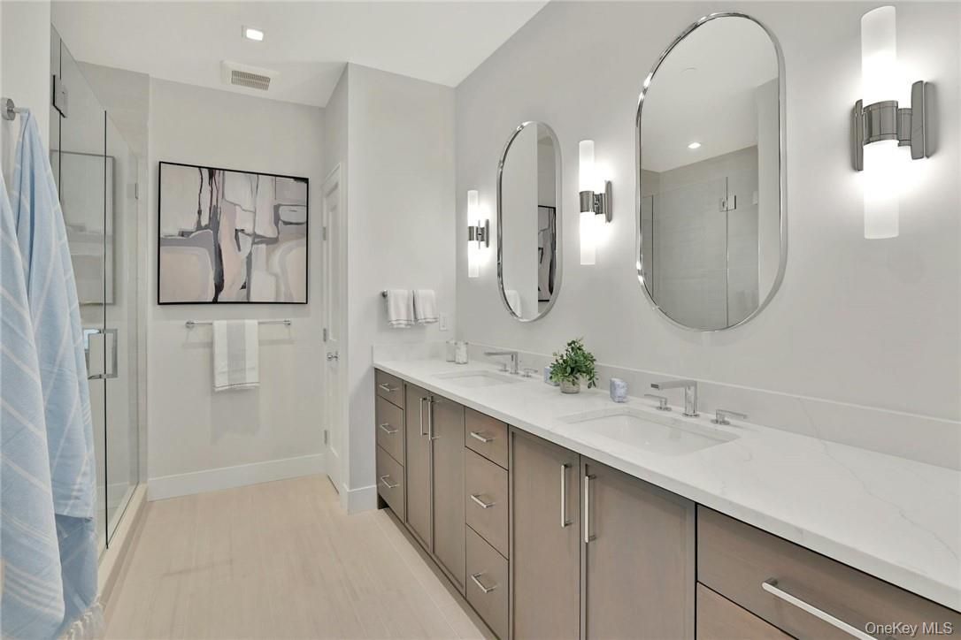 Bathroom, Dual Sink Vanities, Interior, Recessed Lighting, Wood Texture Flooring