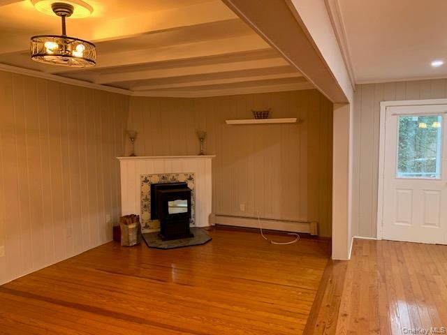 Empty room, Fireplace, Interior, Recessed Lighting, Wood Texture Flooring
