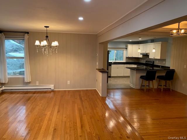 Chandelier, Interior, Kitchen, Pendant Lights, Recessed Lighting, Wood Texture Flooring